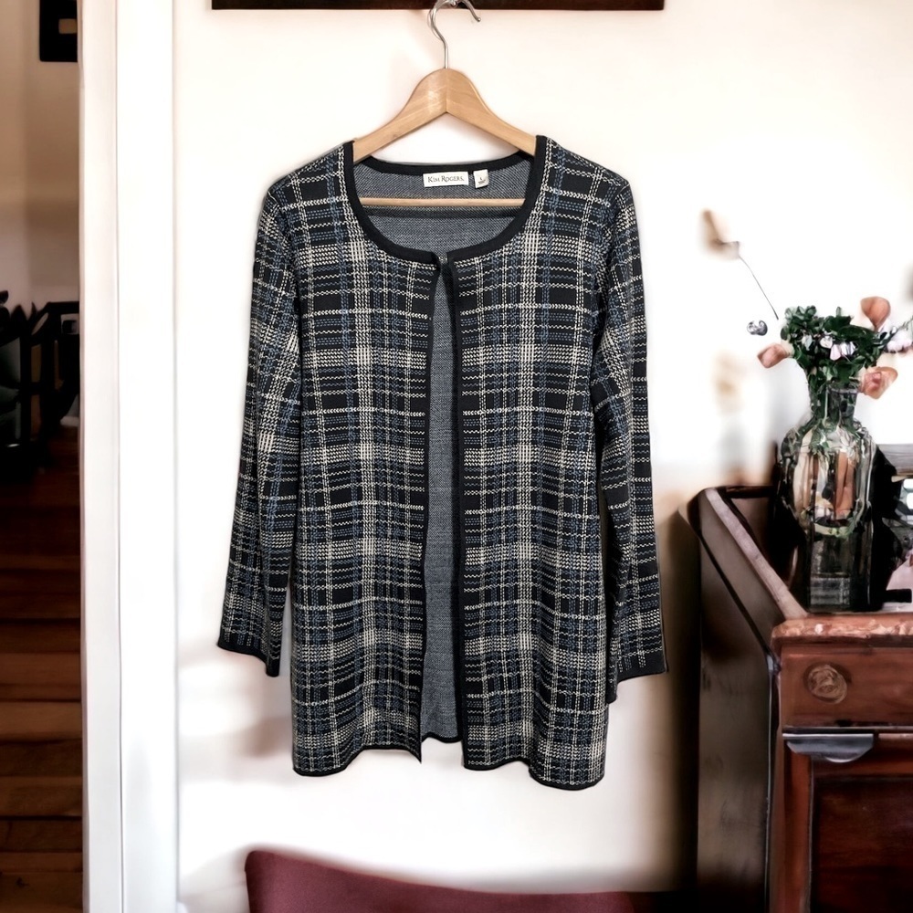 Kim Rogers Women’s Blue/White Plaid Long Sleeve Cardigan Size L